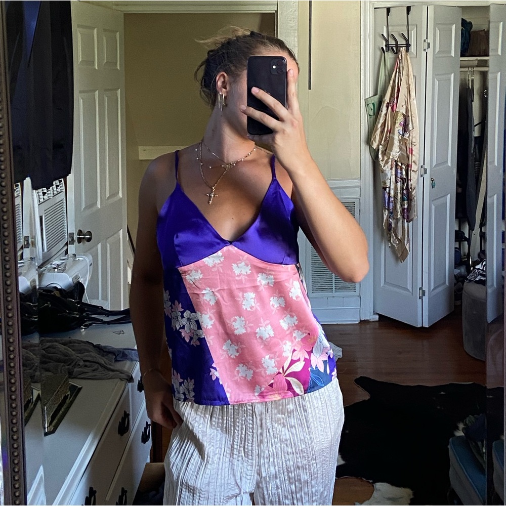 Floral Satin Camisole Top in Purple and Pink